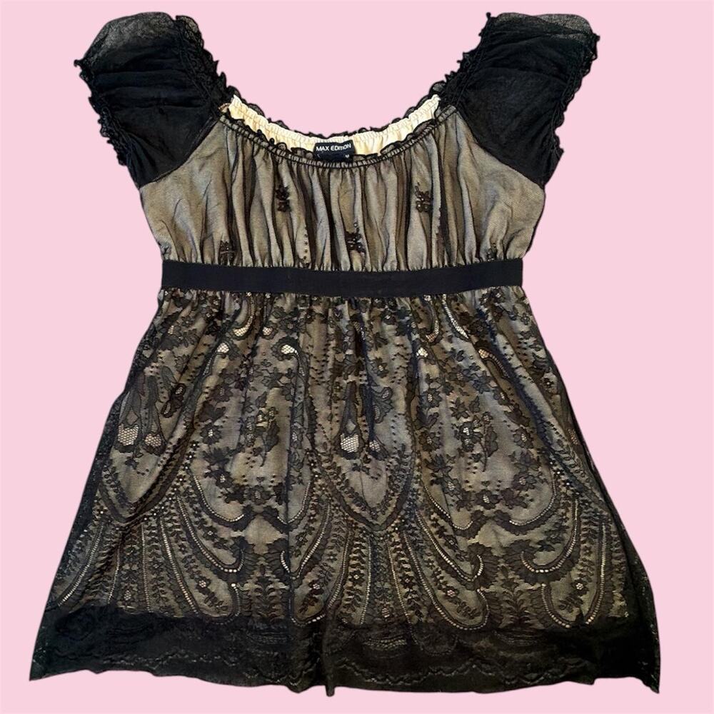 Y2K Whimsygoth Max Edition black lace babydoll top with gold paisley design
